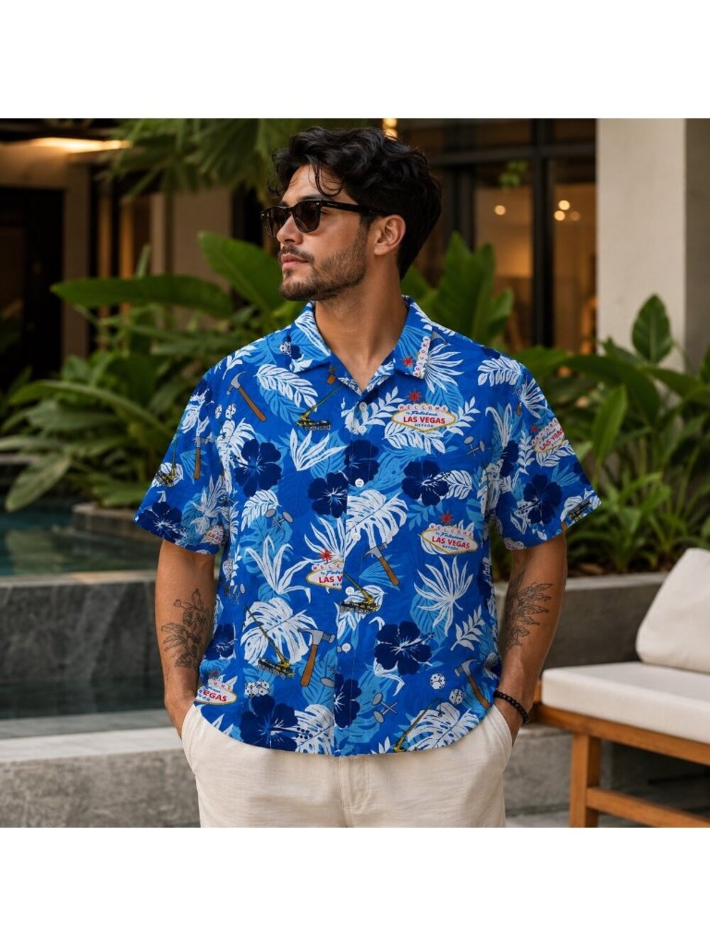 Rare Mustang HEN Las Vegas Hawaiian Camp Shirt XL Shop4Ties Rayon Blue